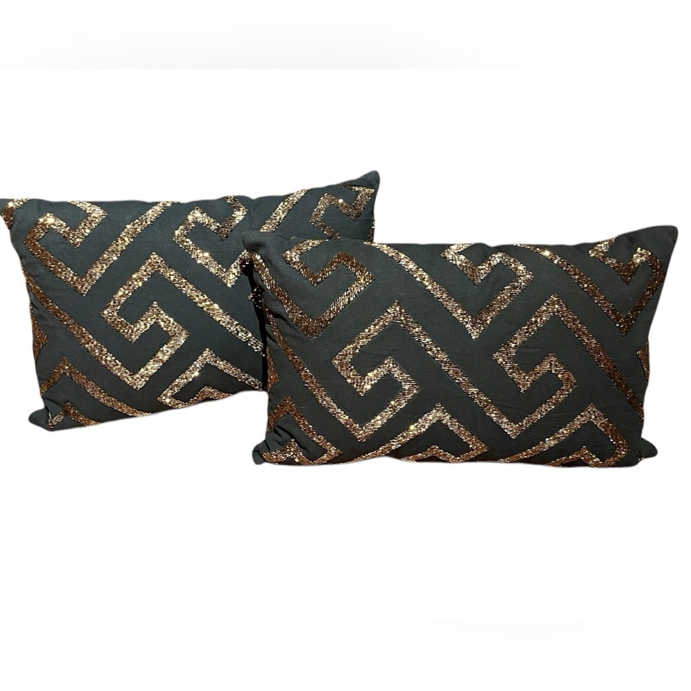 NEW Set of 2 LOLOI 100% Cotton Black w/ Gold Metallic Sequins Luxury Pillows